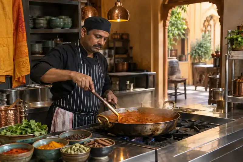 Cook stirring tomato curry sauce beside bowls of whole spices