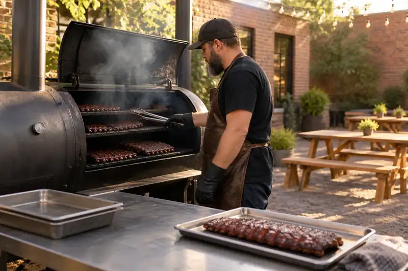Cook checking ribs inside a clean outdoor offset smoker