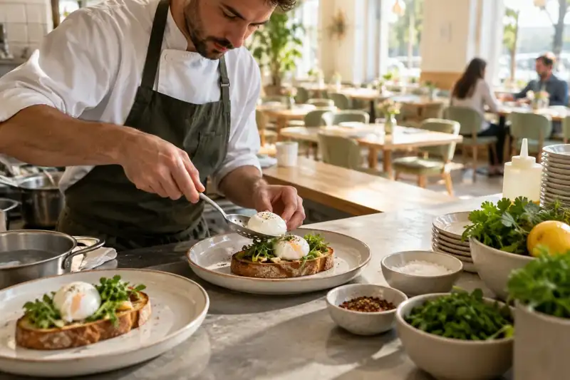 Cook plating poached eggs on sourdough in a brunch kitchen