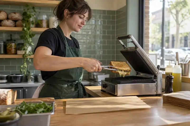 Cook lifting a toasted sandwich from a clean press