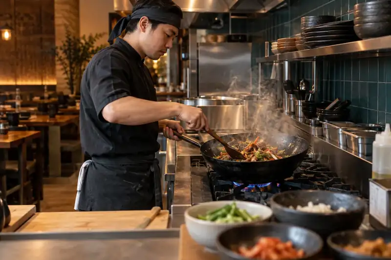 Cook stirring beef and vegetables at a clean Korean kitchen range