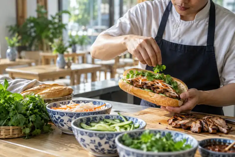 Cook filling grilled pork banh mi with pickles and fresh cilantro