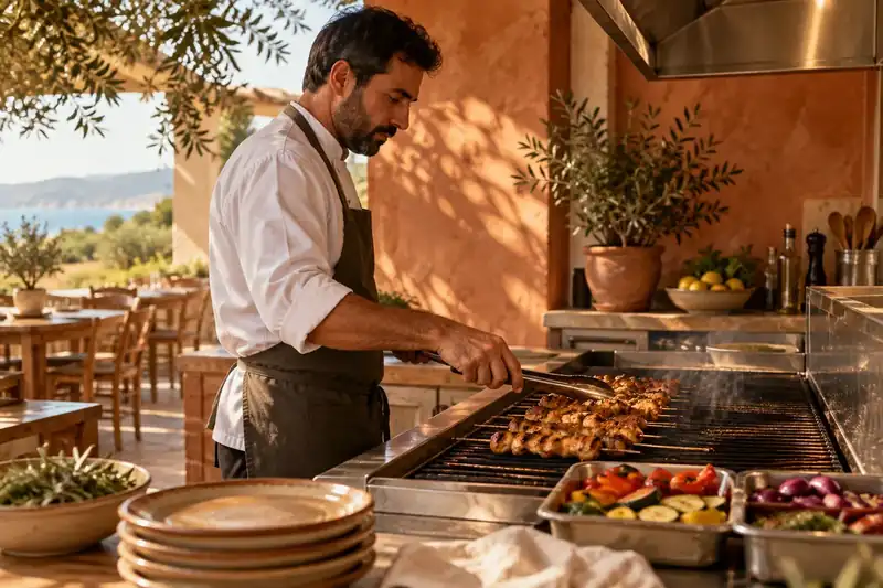 Cook turning chicken skewers on a clean Mediterranean restaurant grill