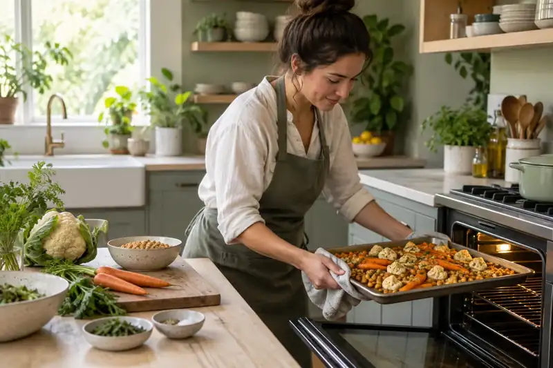 Cook roasting carrots cauliflower and chickpeas in a clean cafe kitchen