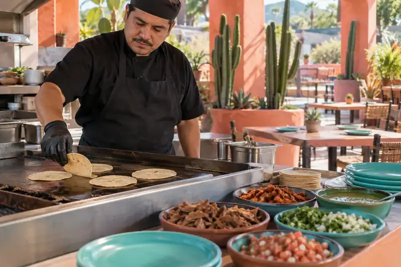 Cook warming corn tortillas on a clean taqueria kitchen griddle