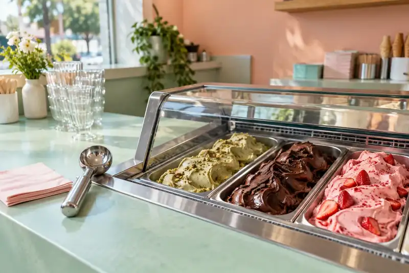 Pistachio, chocolate, and strawberry gelato pans inside a chilled display