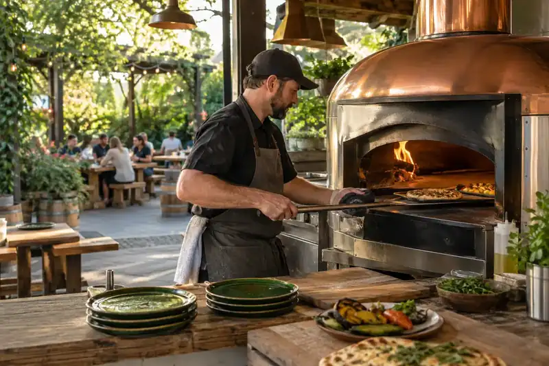 Cook checking flatbread and vegetables at a clean brewpub kitchen oven