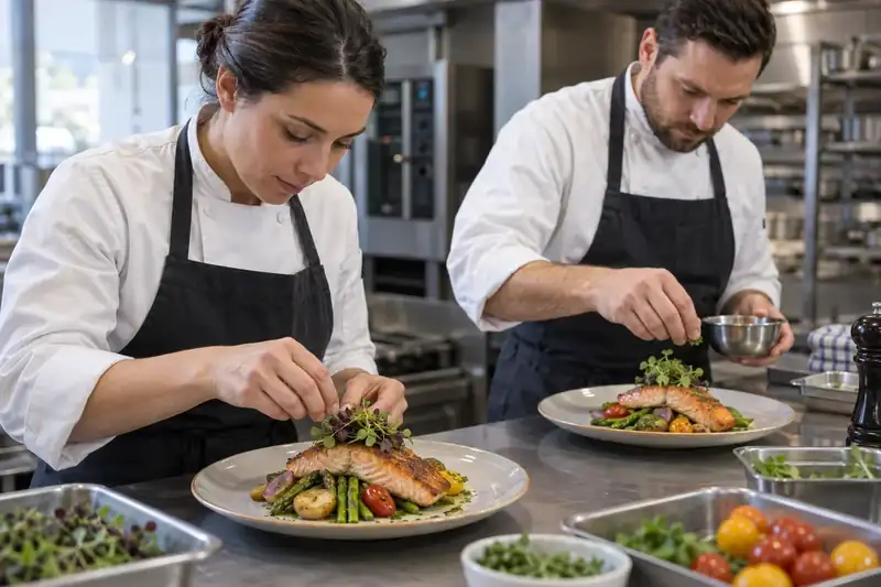 Catering cooks finishing individual salmon and vegetable plates for guests