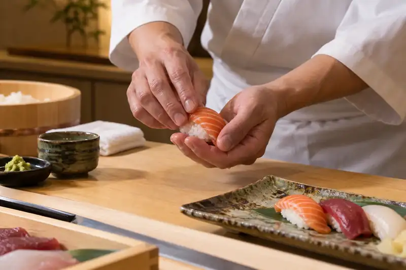 Sushi chef placing salmon over a small oval of rice