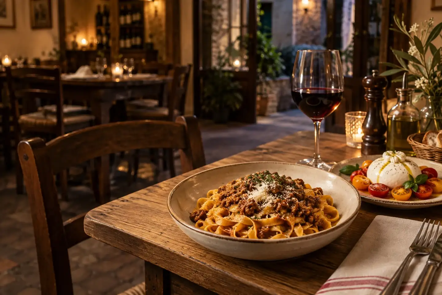 Tagliatelle and burrata on a warmly lit Italian restaurant table