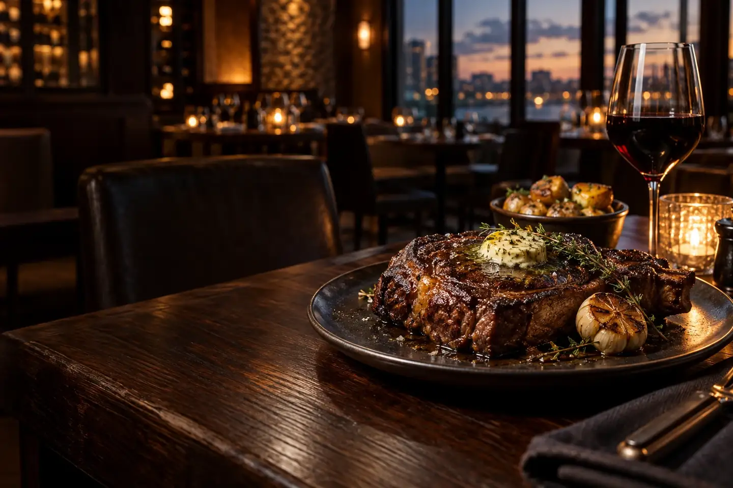Grilled ribeye with herb butter and roasted garlic at a steakhouse