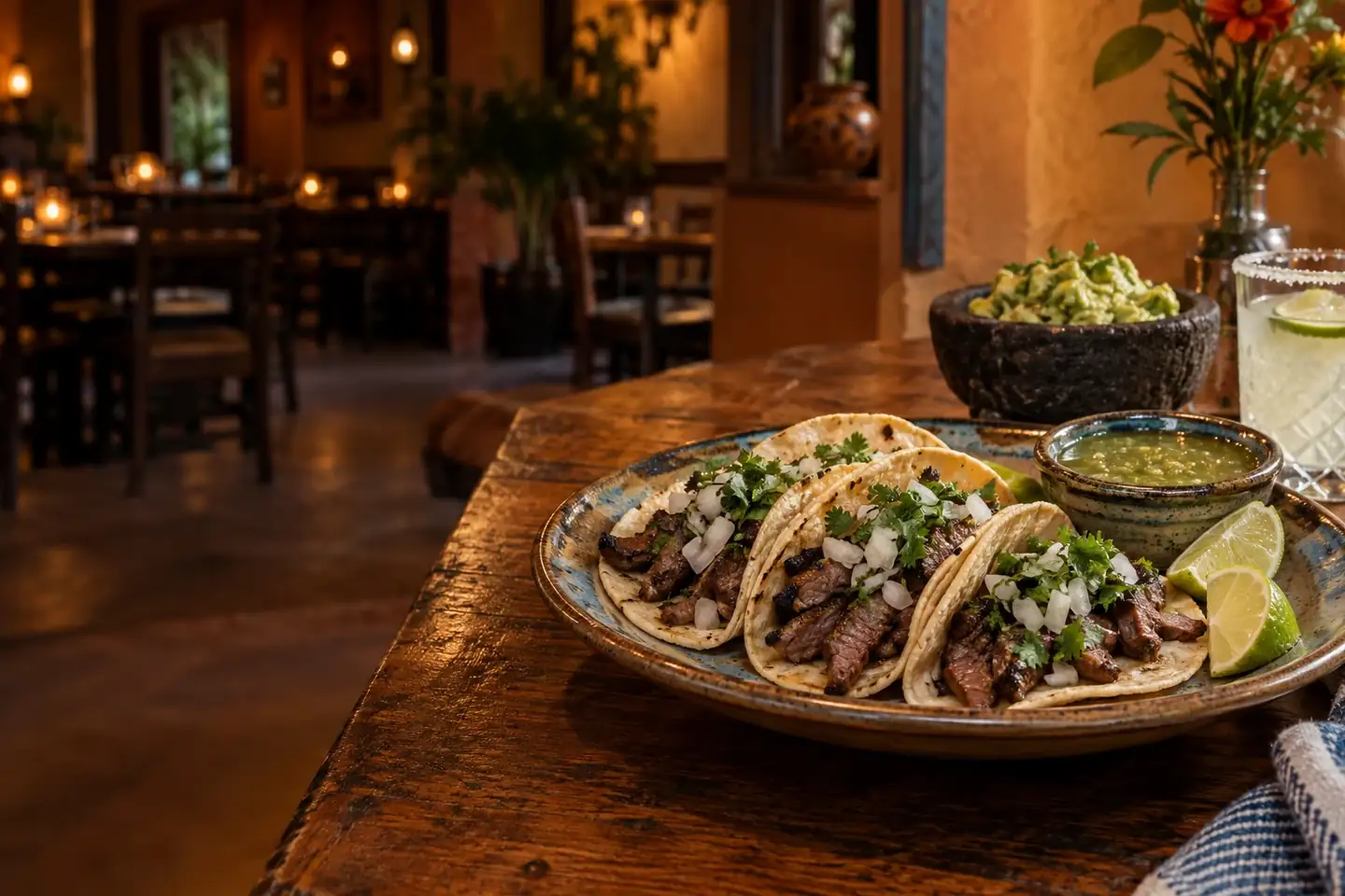 Carne asada tacos with lime and salsa on a restaurant table