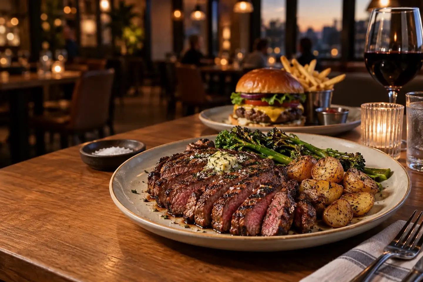 Grilled ribeye and cheeseburger on a warmly lit restaurant table