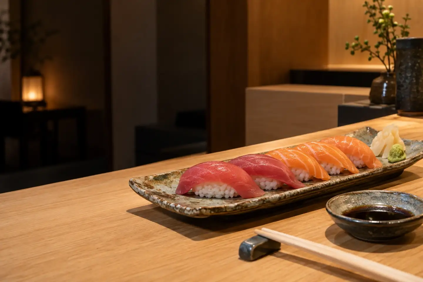 Salmon and tuna nigiri on a ceramic plate at a sushi counter