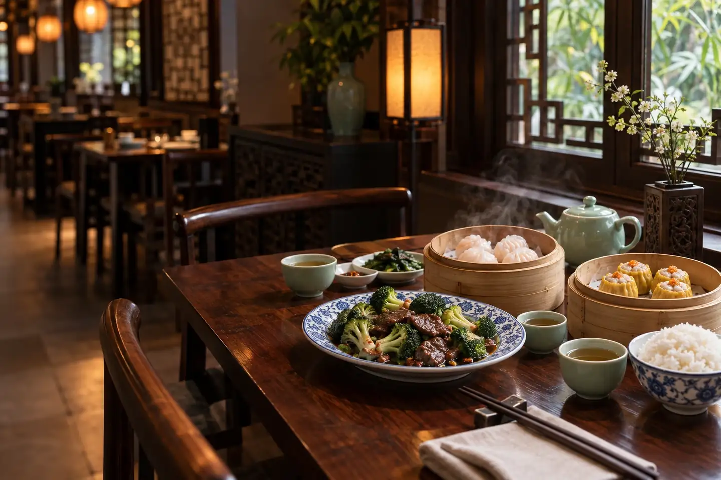 Dim sum baskets and Chinese dishes on a walnut dining table
