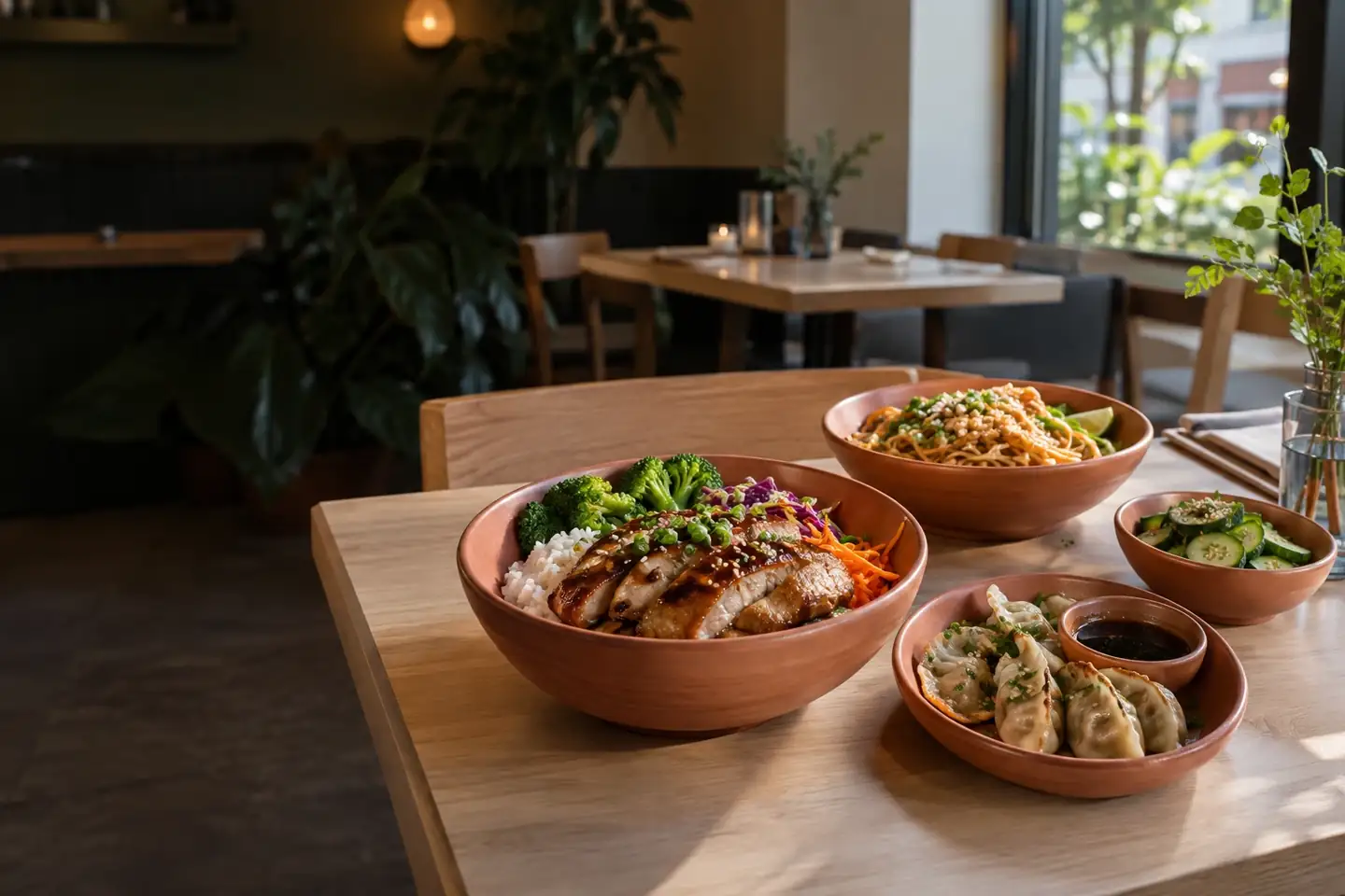 Asian rice bowls and dumplings on a pale wooden restaurant table