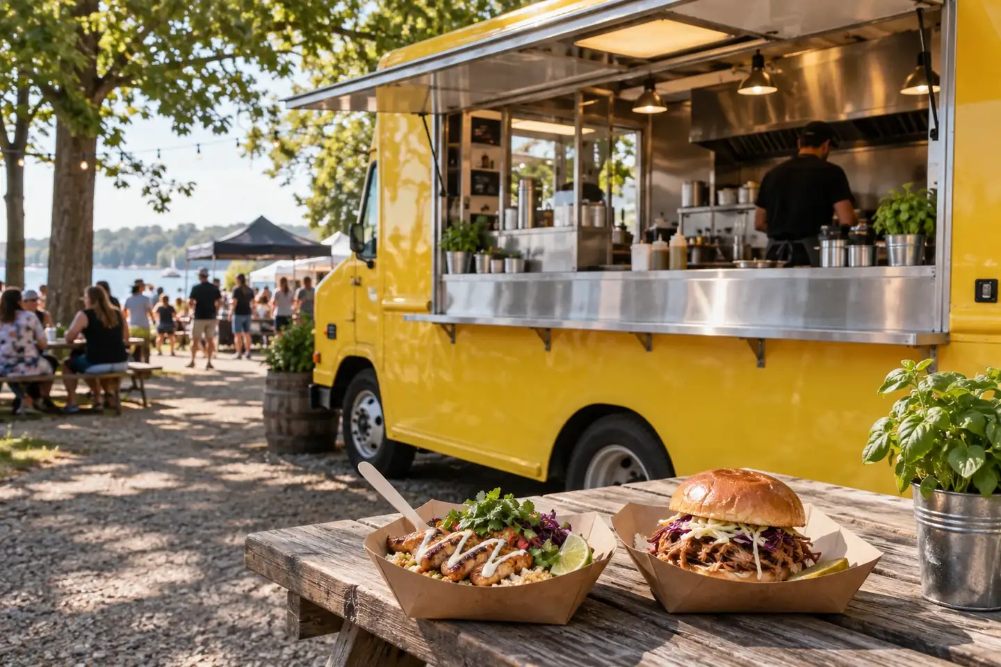 Yellow food truck beside chicken bowls and sandwiches at a picnic table