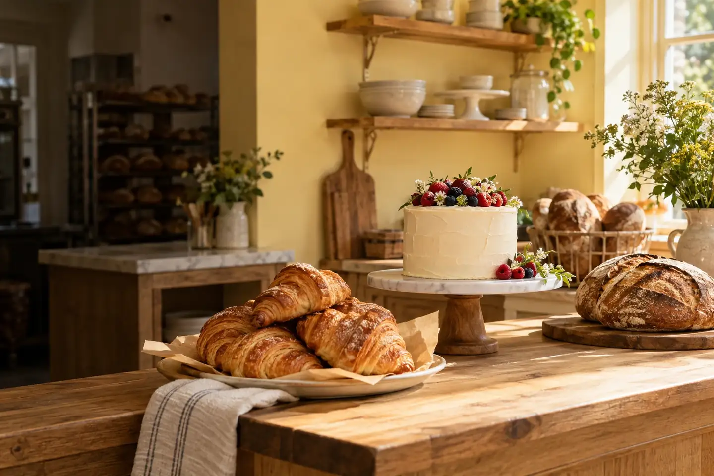 Croissants, sourdough loaves, and a berry cake on a bakery counter