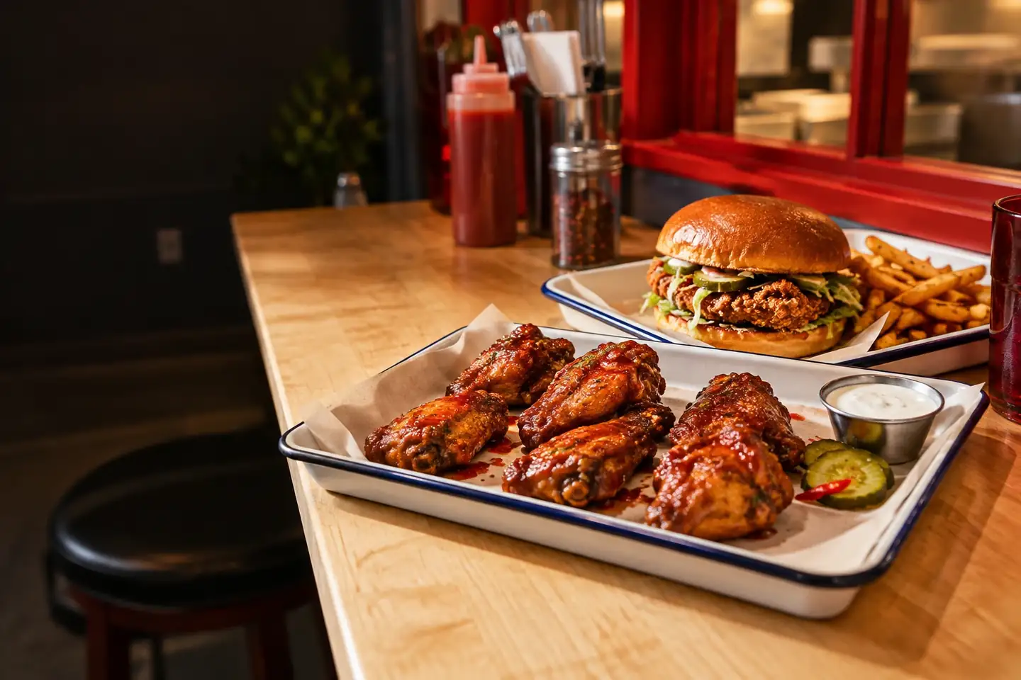 Glazed chicken wings sandwich and fries on cream enamel trays