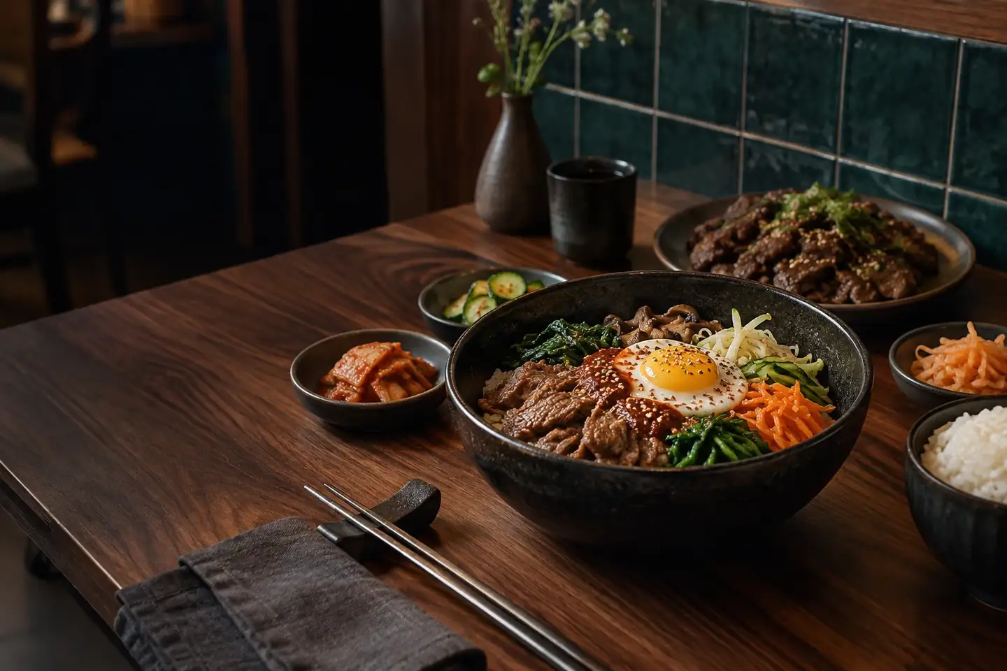 Bibimbap bulgogi rice and banchan arranged on a walnut restaurant table