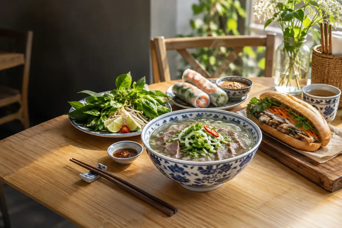 Beef pho fresh herbs rolls and banh mi on a bamboo table