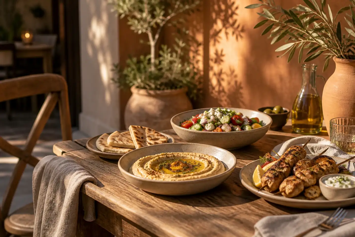 Hummus pita salad and chicken skewers on a Mediterranean restaurant table