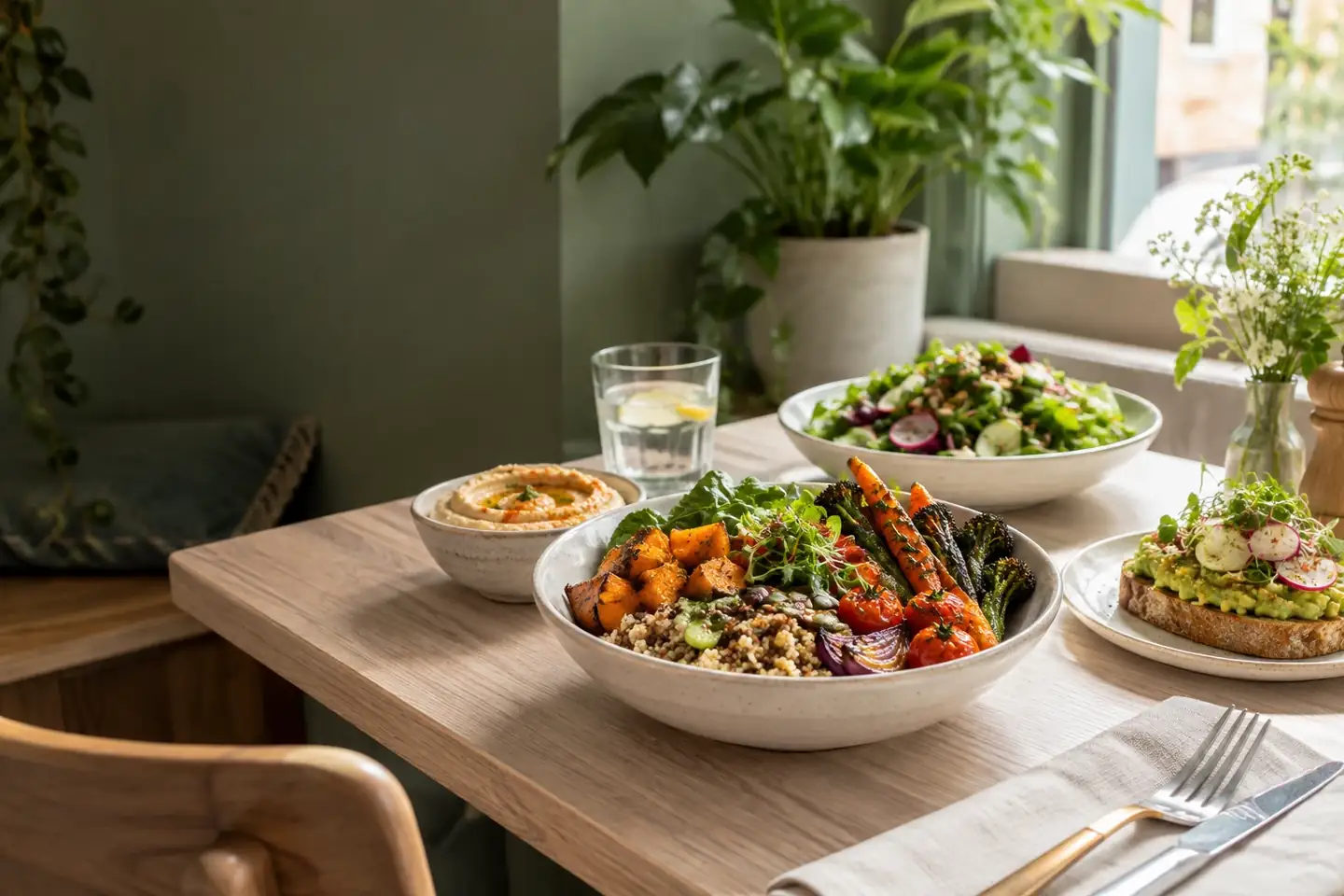Colorful quinoa bowl hummus salad and avocado toast on ivory ceramics