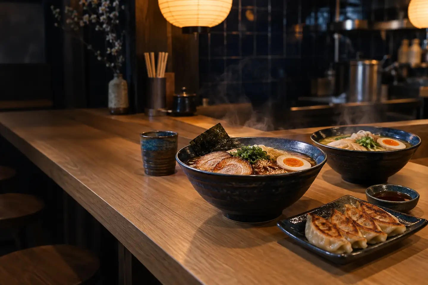Steaming ramen bowls and gyoza on a warm oak noodle-house counter