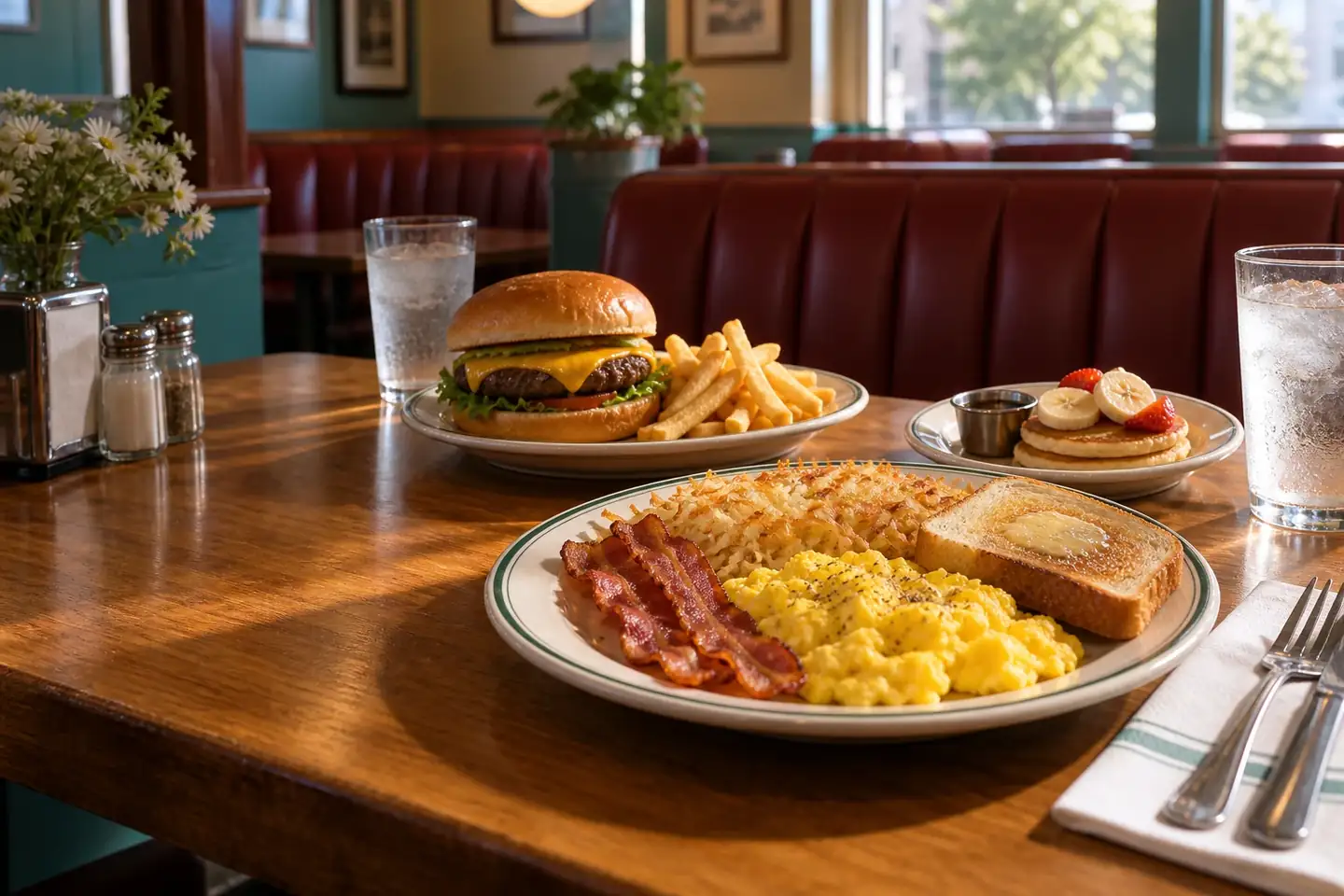 Breakfast burger and a small pancake plate on a family diner table