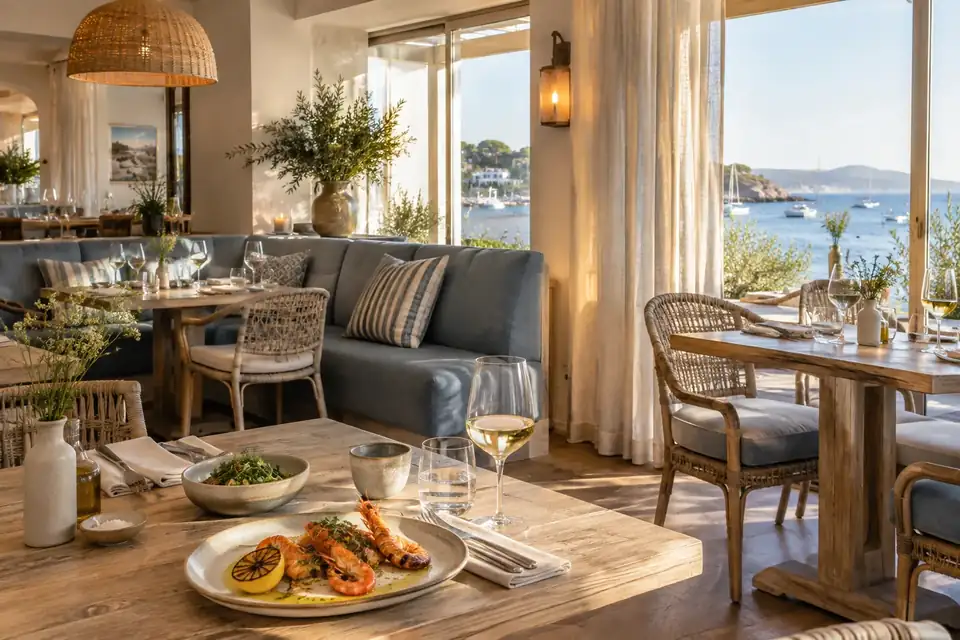 Coastal dining room with pale timber tables and blue seating