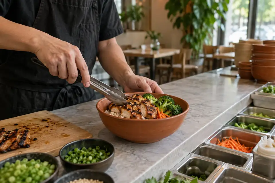 Cook arranging chicken and vegetables over rice in a terracotta bowl