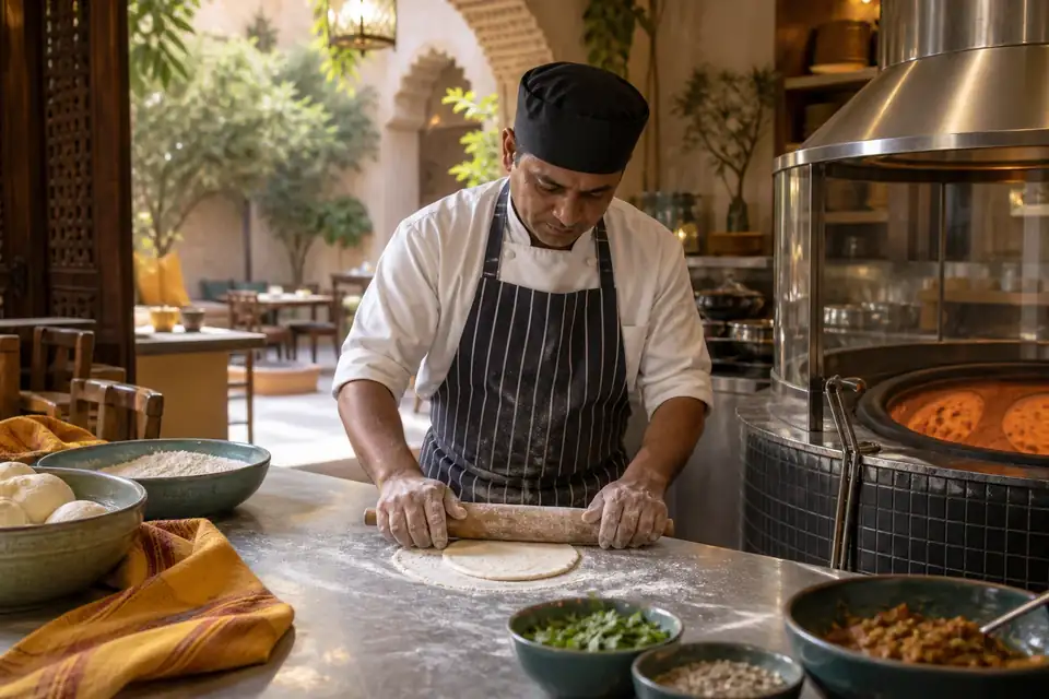 Cook rolling naan dough beside an enclosed Indian tandoor station