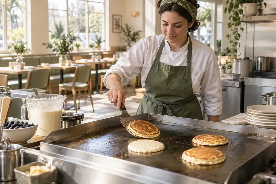 Breakfast cook turning a golden pancake on a clean griddle