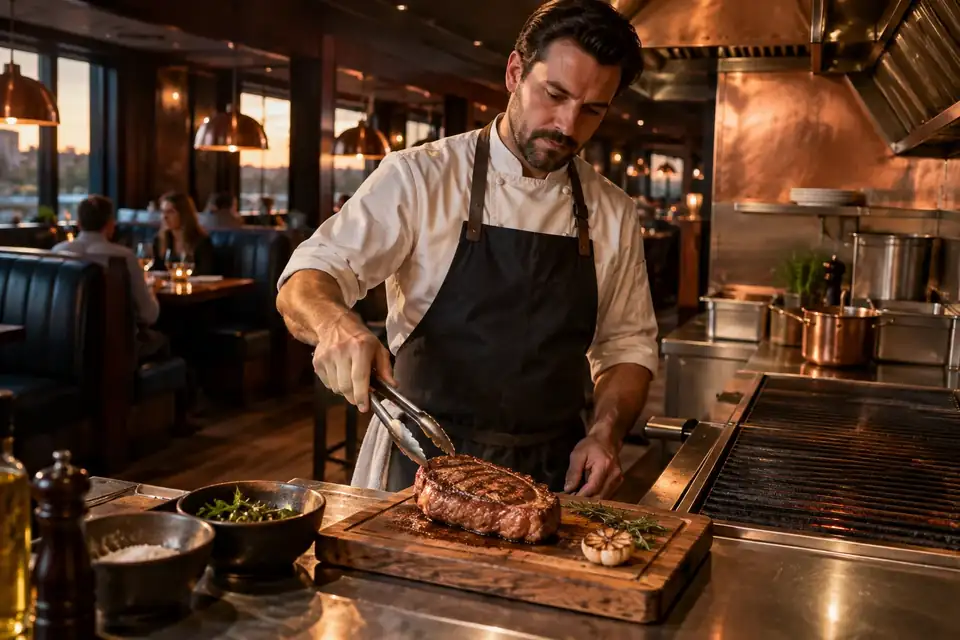 Cook resting grilled steak beside a clean restaurant grill