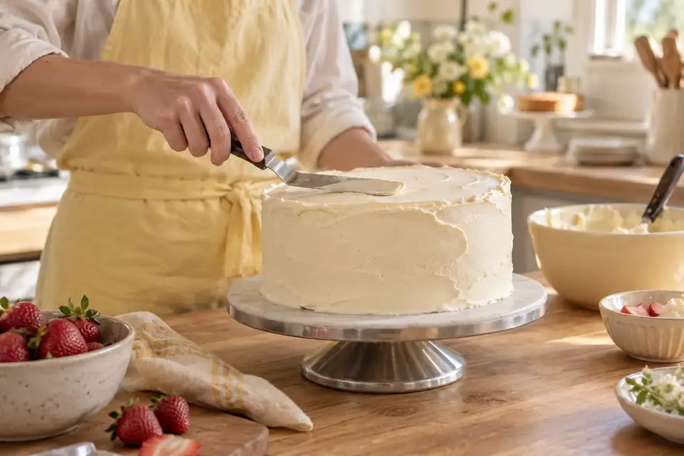 Baker smoothing white buttercream on a round cake with a spatula