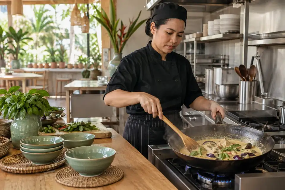 Cook stirring chicken coconut curry with eggplant and basil