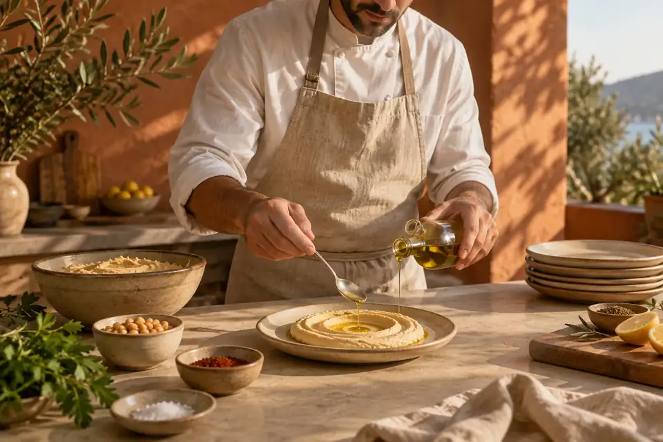 Cook spooning hummus onto a ceramic plate and adding olive oil