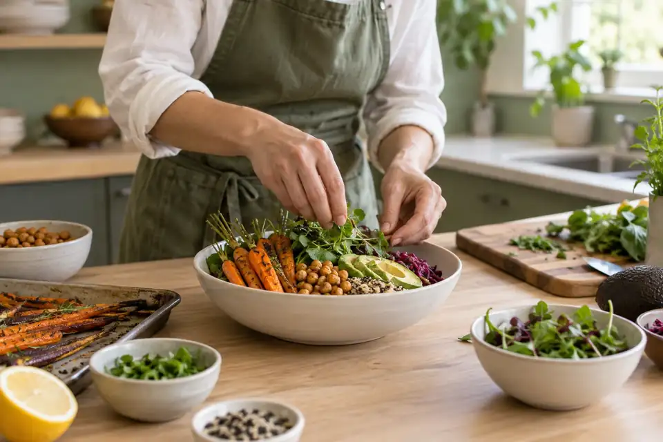 Cook arranging roasted vegetables chickpeas and quinoa into a colorful bowl