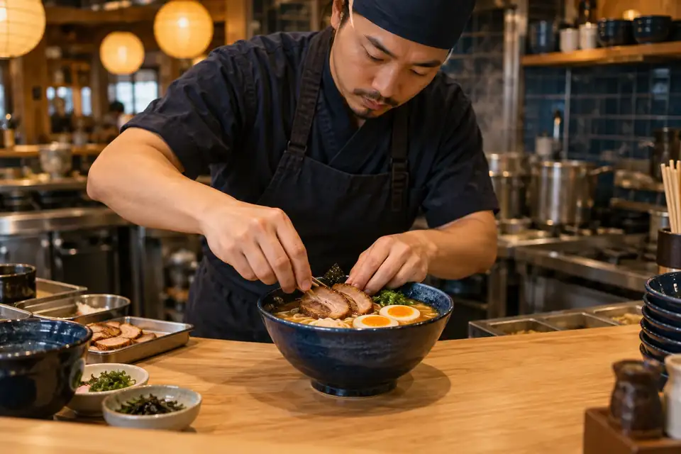 Cook arranging pork noodles and egg halves in an indigo ramen bowl