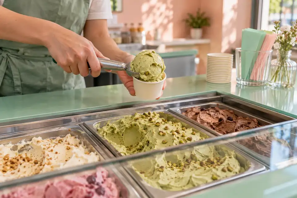 Server scooping pistachio gelato into a small cup at the counter