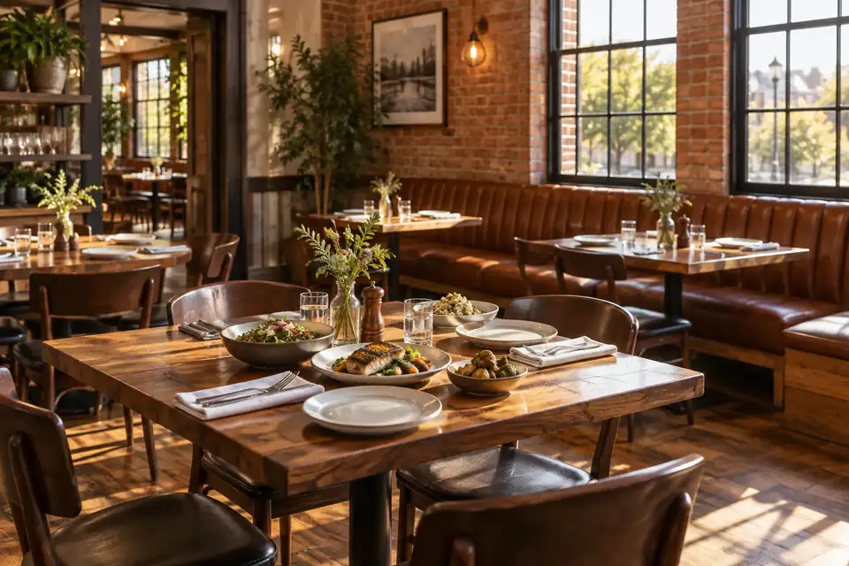 Warm American dining room with oak tables and leather banquettes