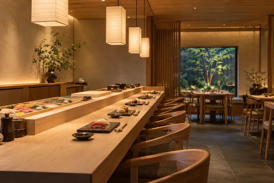 Japanese dining room with pale oak furniture and warm pendant lights